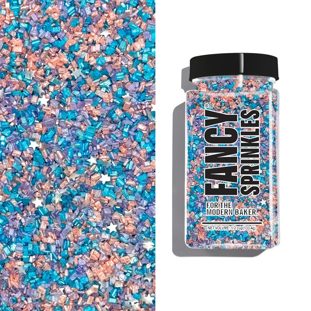 Fancy Sprinkles Opal Rain Fancy Sugar Pearlescent Peach, Lavender, and Pale Blue Sugar Crystals Flecked Silver Mini Edible Glitter Stars (4 OZ)