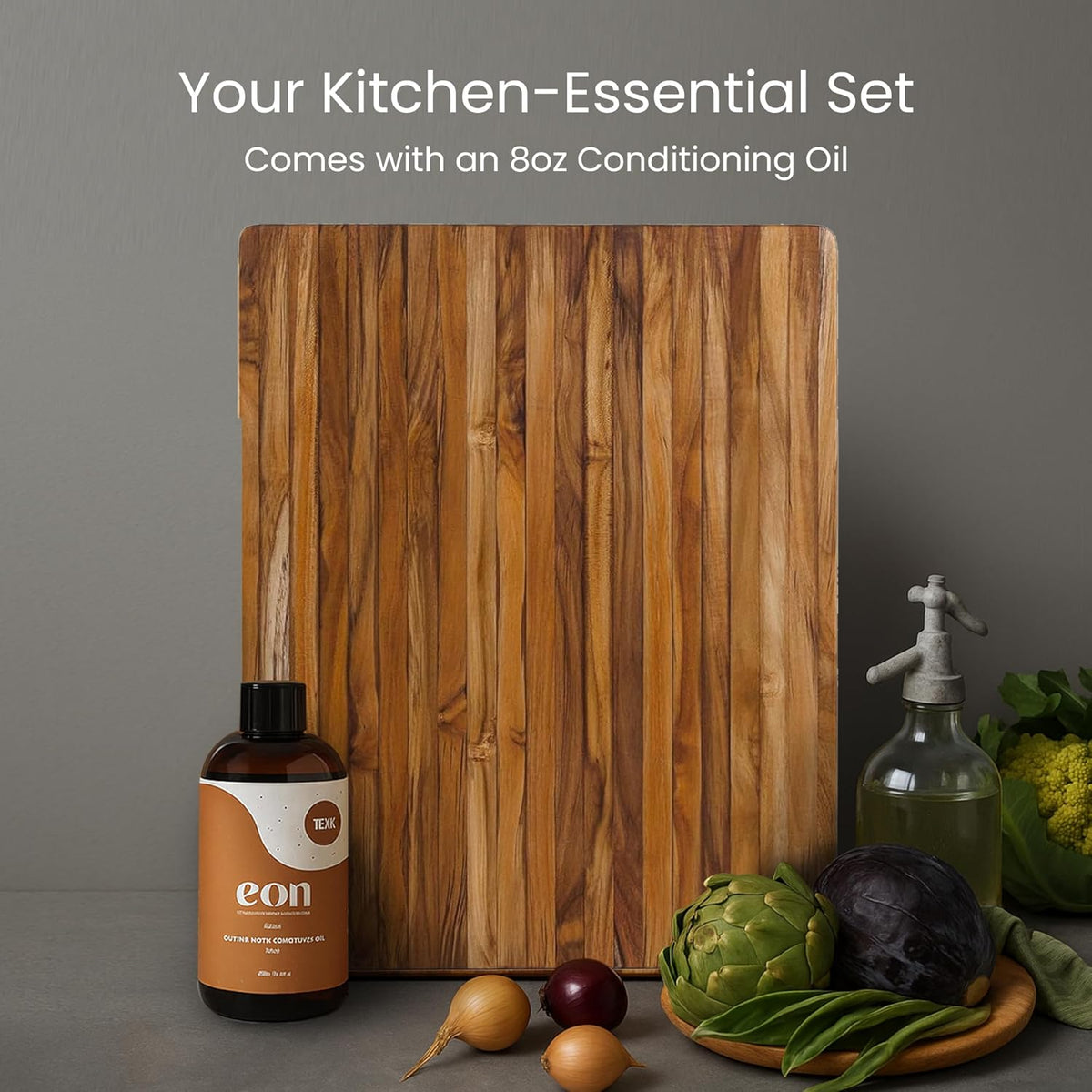Teakhaus Carving Board and Cutting Board Oil Set - Includes Large (L) Wood Cutting Board with Grip Handles and EON Food Grade Mineral Oil - Knife-Friendly - FSC Certified
