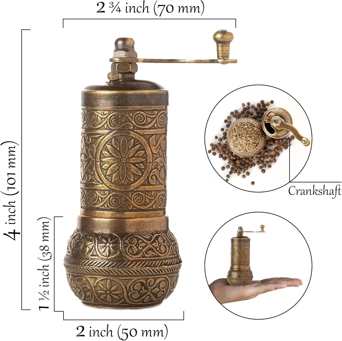Decorative Black Pepper Grinder, Refillable Turkish Spice Mill with Adjustable Coarseness, Manual Pepper Mill with Handle, Spice Grinder Metal with Hand Crank, Antique Gold