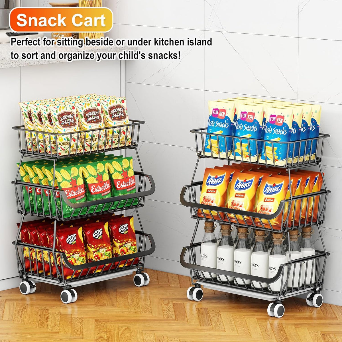 Miyawell 3-Tier Rolling Pantry Cart with Wheels, Stackable Wire Storage Floor Organizer for Kitchen Pantry Snack Shelves, Fruit Basket Stand, Vegetable Storage Rack for Food Snacks Onion Potato