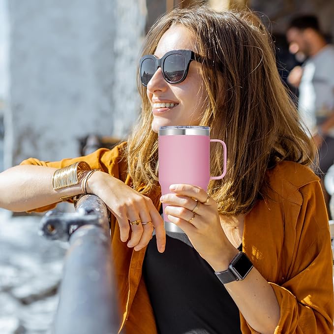 20 oz Stainless Steel Tumbler with Handle Bulk Metal Insulated Tumblers Travel Coffee Mug with Handle Double Wall Tumbler Cup with Lid and Straw, Pink 6 Pack