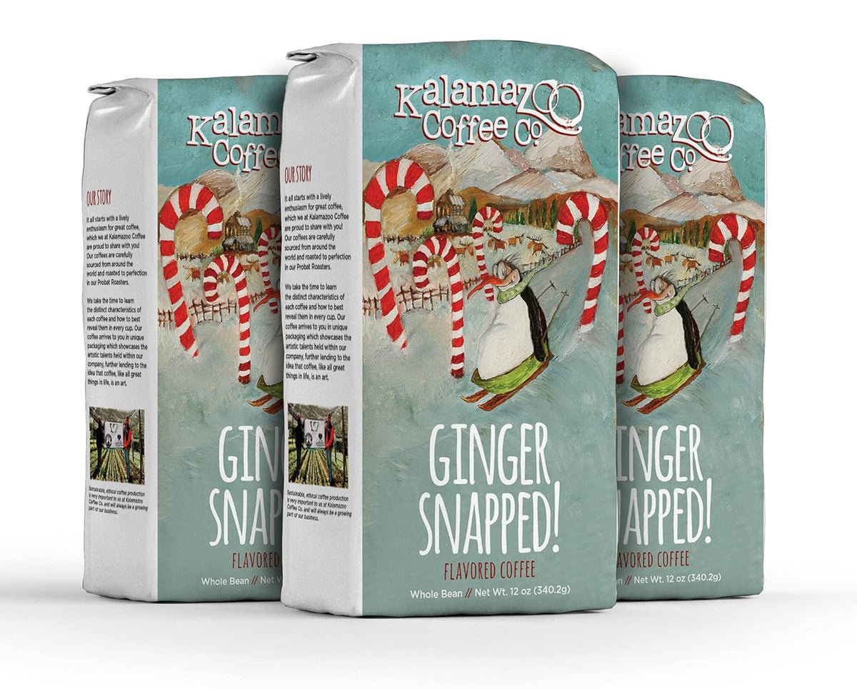 KALAMAZOO COFFEE COMPANY Ginger Snapped Whole Bean Coffee - Holiday Flavored Coffee | 12oz Bag (3 Pack)