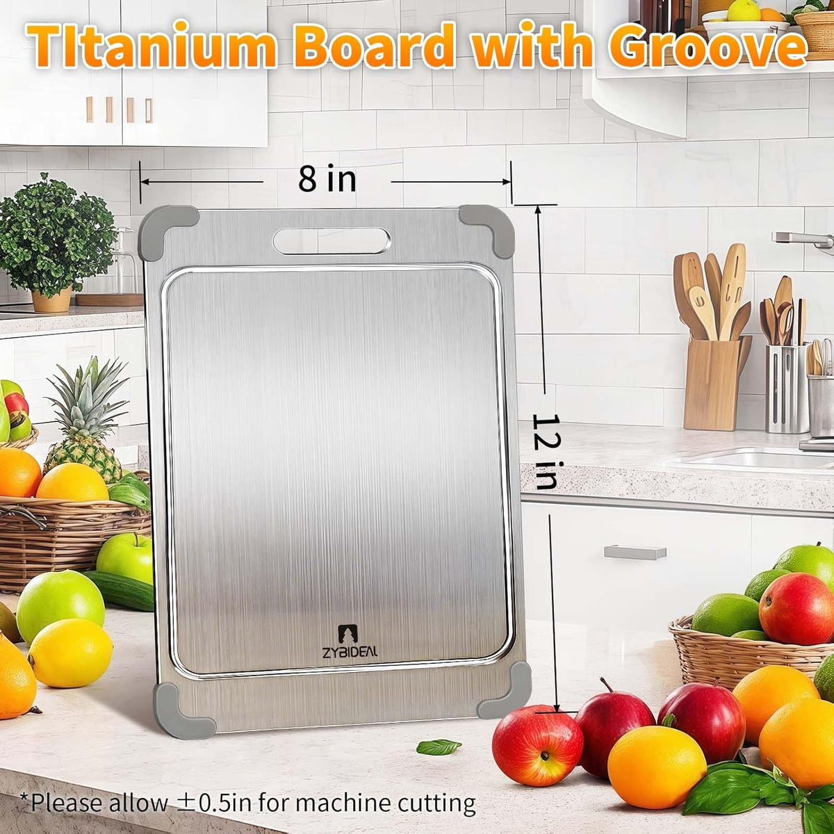 100% Pure Titanium Cutting Board with Grooves, Update Double Side Titanium Chopping Board, Silicone Anti-slip Stainless Cutting Boards for Kitchen 8 * 12, Grey