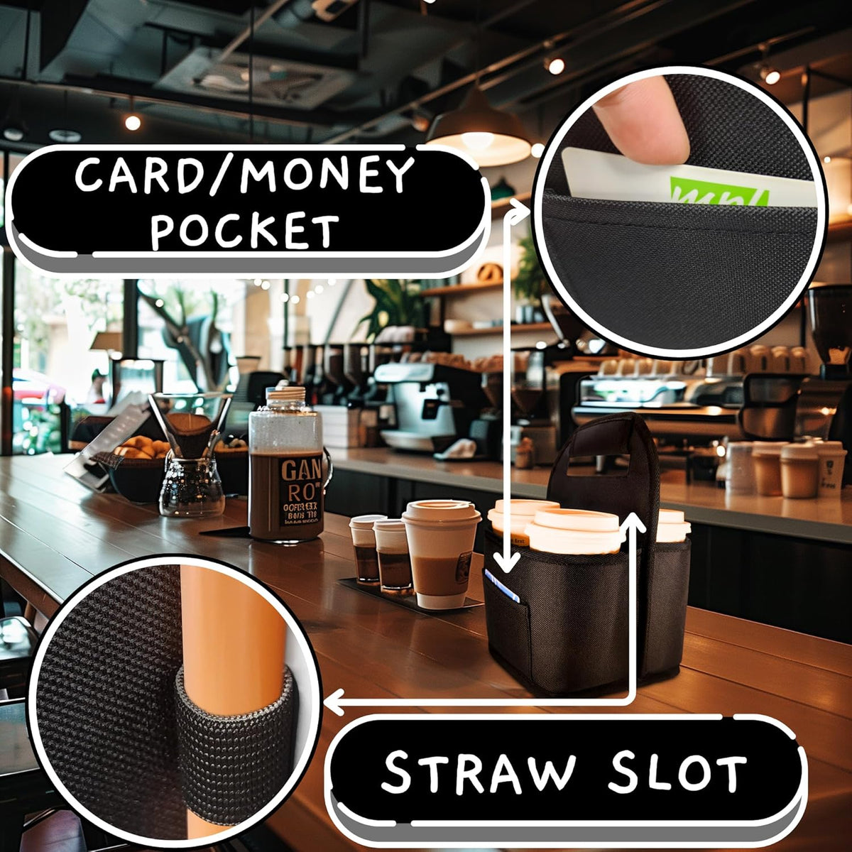 Insulated Reusable 4-Cup Drink Carrier with Adjustable dividers, Money Pocket, Straw Slot and Handle. Ideal for delivery, Takeout, Travel, and Outdoor use