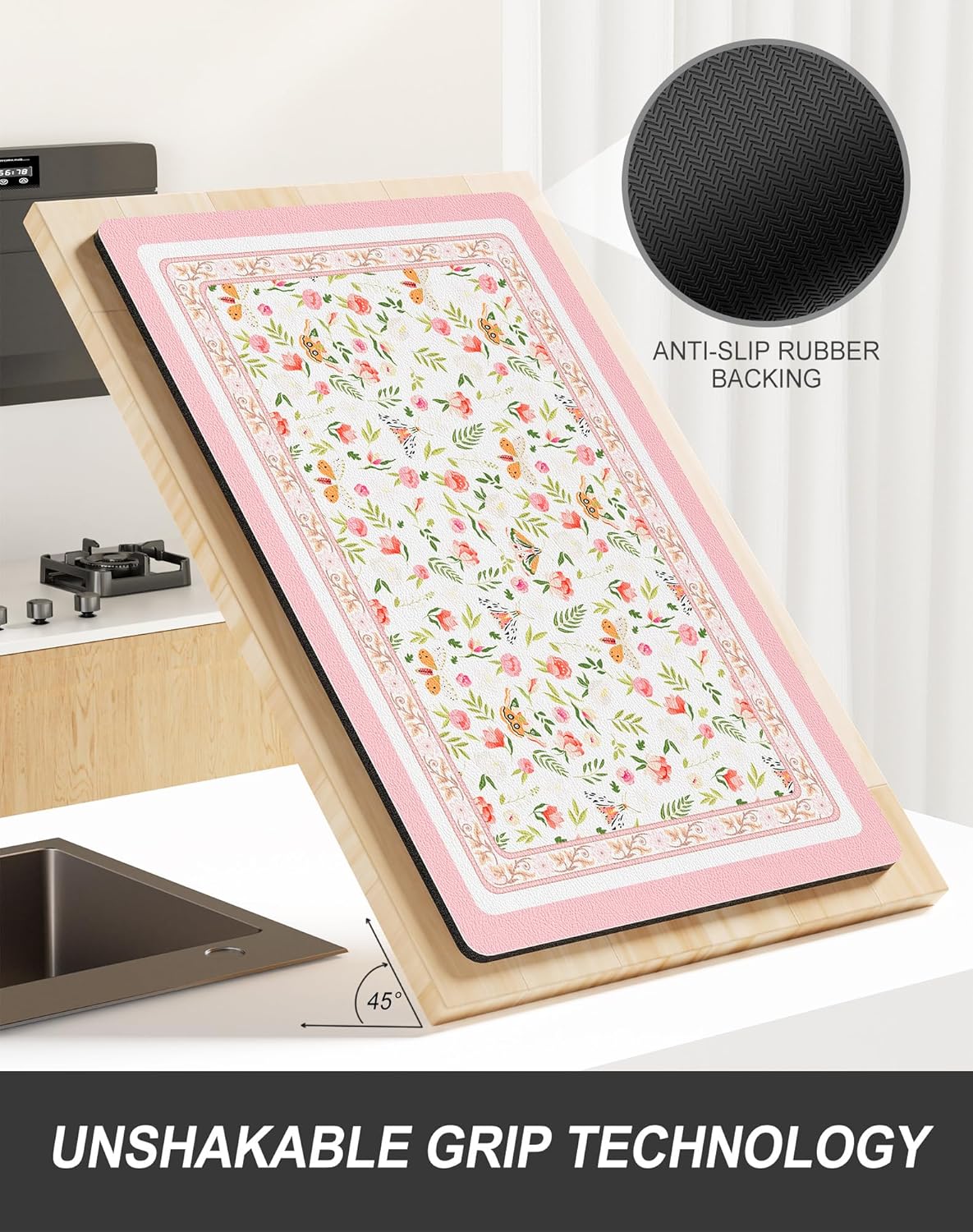 Rnivvi Dish Drying Mat for Kitchen Counter, XL 15 x 24" Cute Flower Theme Absorbent Draining Pad, Non-Slip Heat Resistant Coffee Bar Mats for Coffee Machine Station Accessories, Pink Dish Rack Pad
