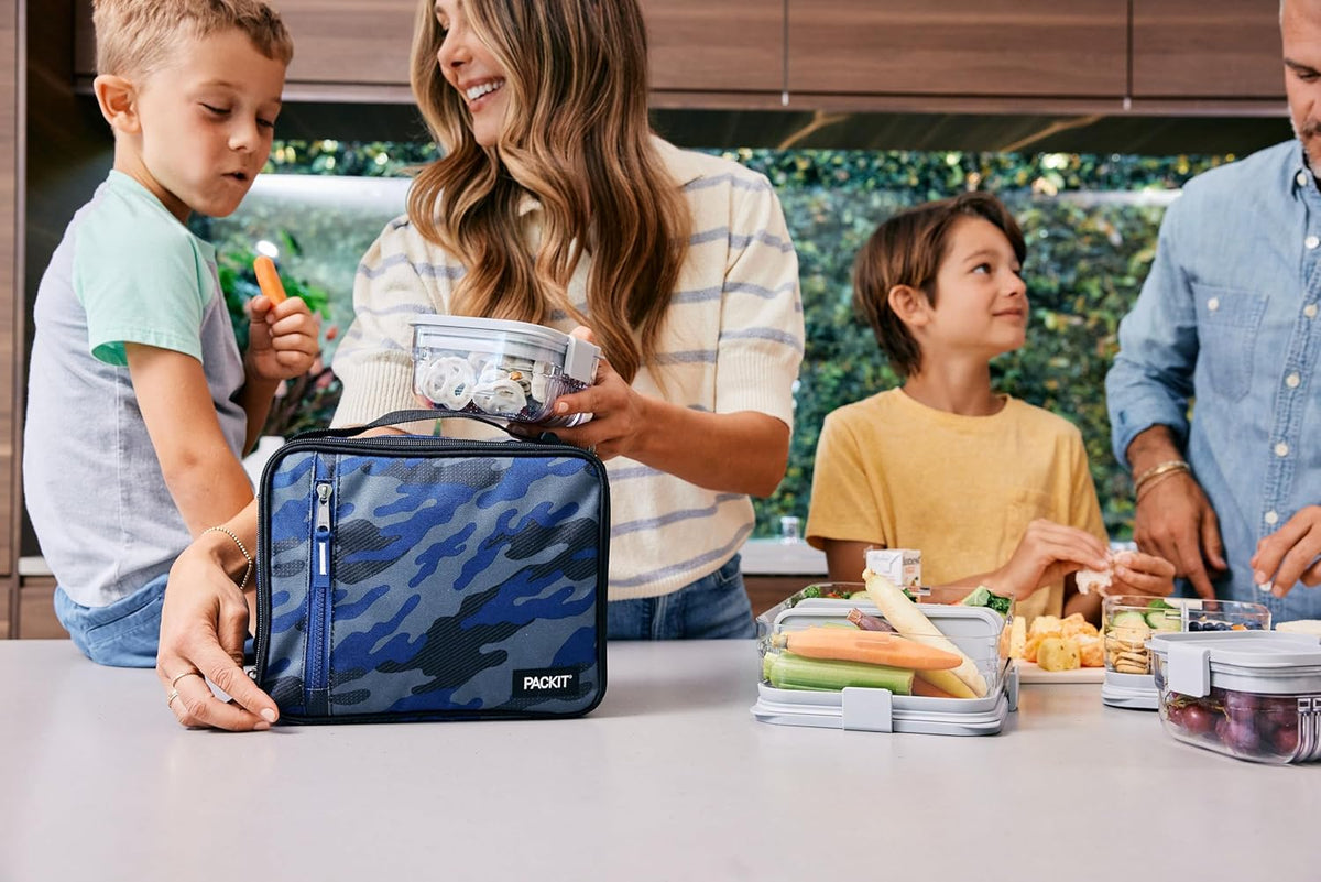 PackIt Freezable Classic Lunch Box, Sporty Camo Charcoal Navy, Built with EcoFreeze Technology, Collapsible, Reusable, Zip Closure With Zip Front Pocket and Buckle Handle, Desgined for Lunches