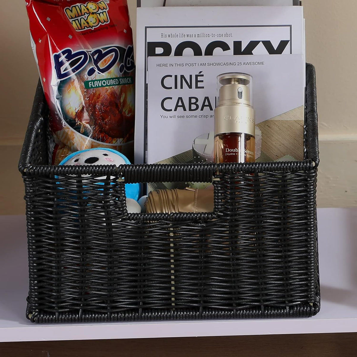 HOONEX Wicker Storage Baskets for Organizing, Decorative Woven Baskets for Storage with Carrying Handles, Set of 2, Black