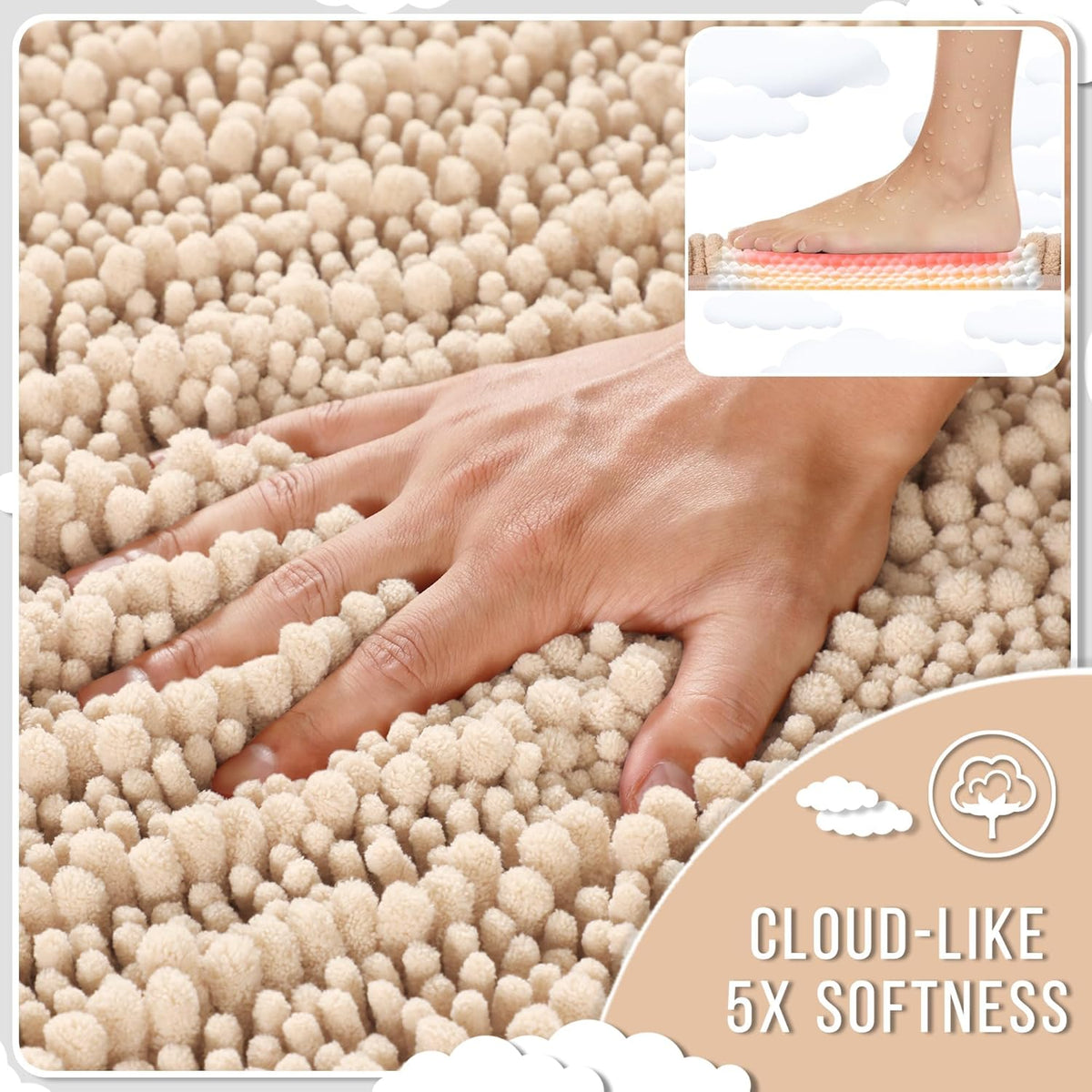 Yimobra Bathroom Rugs Non Slip Washable 32x20 Inch - Ultra Soft Absorbent Chenille Bath Mat, Quick Dry Shaggy Floor Carpet for Tub Shower, Light Brown Home Decor Accessories