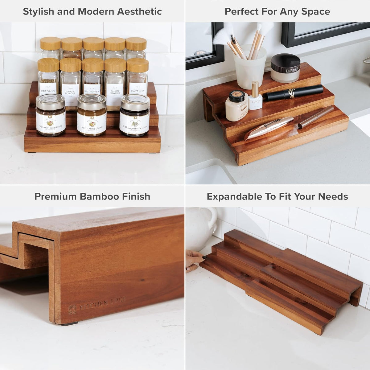 KitchenEdge Expandable Spice Rack Organizer for Cabinet, 3-Tier Shelf for Spice Organization (11” to 22”), Fits 36 Spice Jars, Seasoning and Pantry Storage, Non-Slip Feet, 100% Acacia Wood