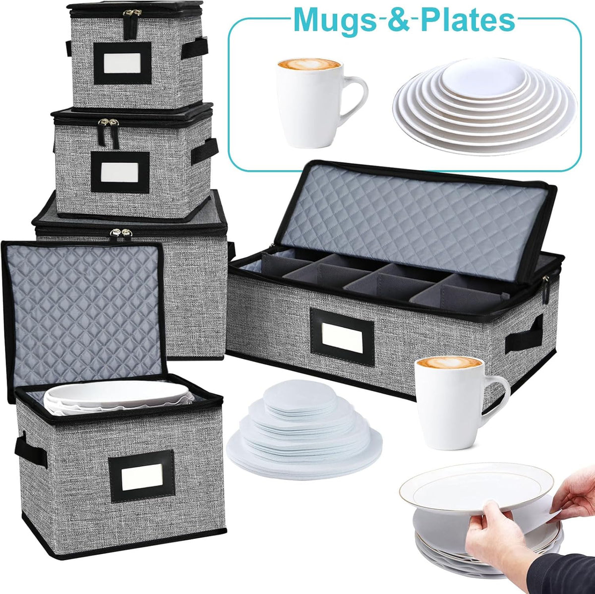 5 PACK China Storage Containers-Quilted Mug Storage and Moving Boxes for Dishes,Dish Packing Supplies for Moving,Dinnerware &Accessories,Holds a total of 48 plates (4 sizes) and 12 cups(Grey)