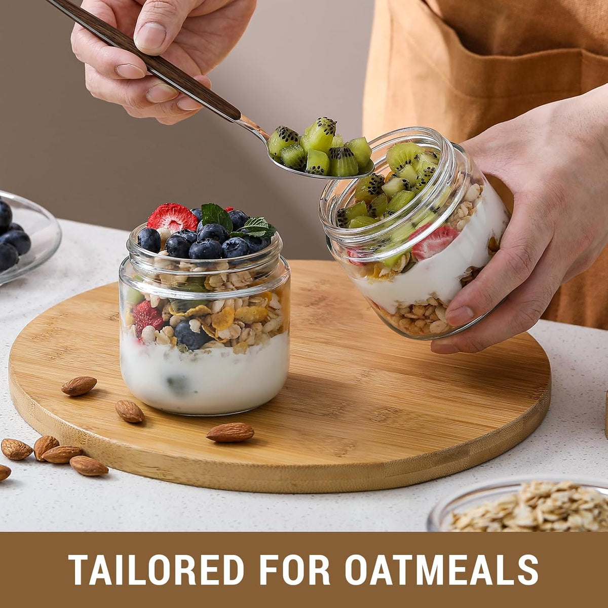 NETANY 4-pack 10oz Glass jars with Airtight Lids, Overnight Oats Containers with Bamboo Lids, Wide mouth Mason Salad jars, Glass Food Storage Containers for Snacks Yogurt Spice Sugar