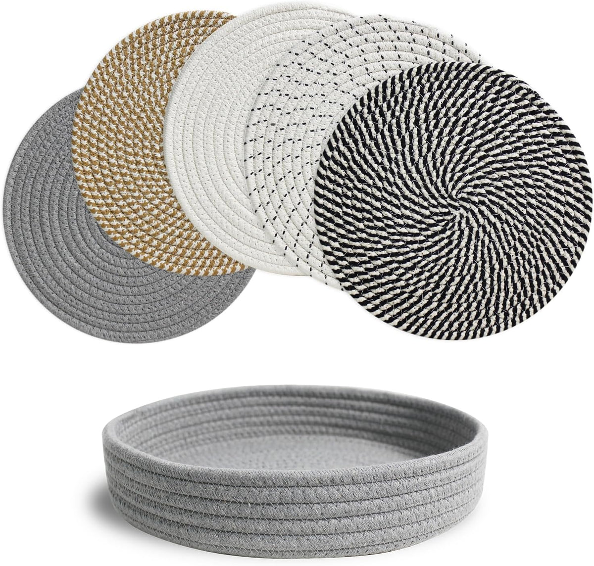RIOOP 10 Inches Trivets for Hot Dishes, Pots and Pans with Storage Basket, 5 Heat Resistant Large Coaster for Kitchen, Hot Pads Mats for Countertops Table Kitchen Essentials Farmhouse Halloween Decor