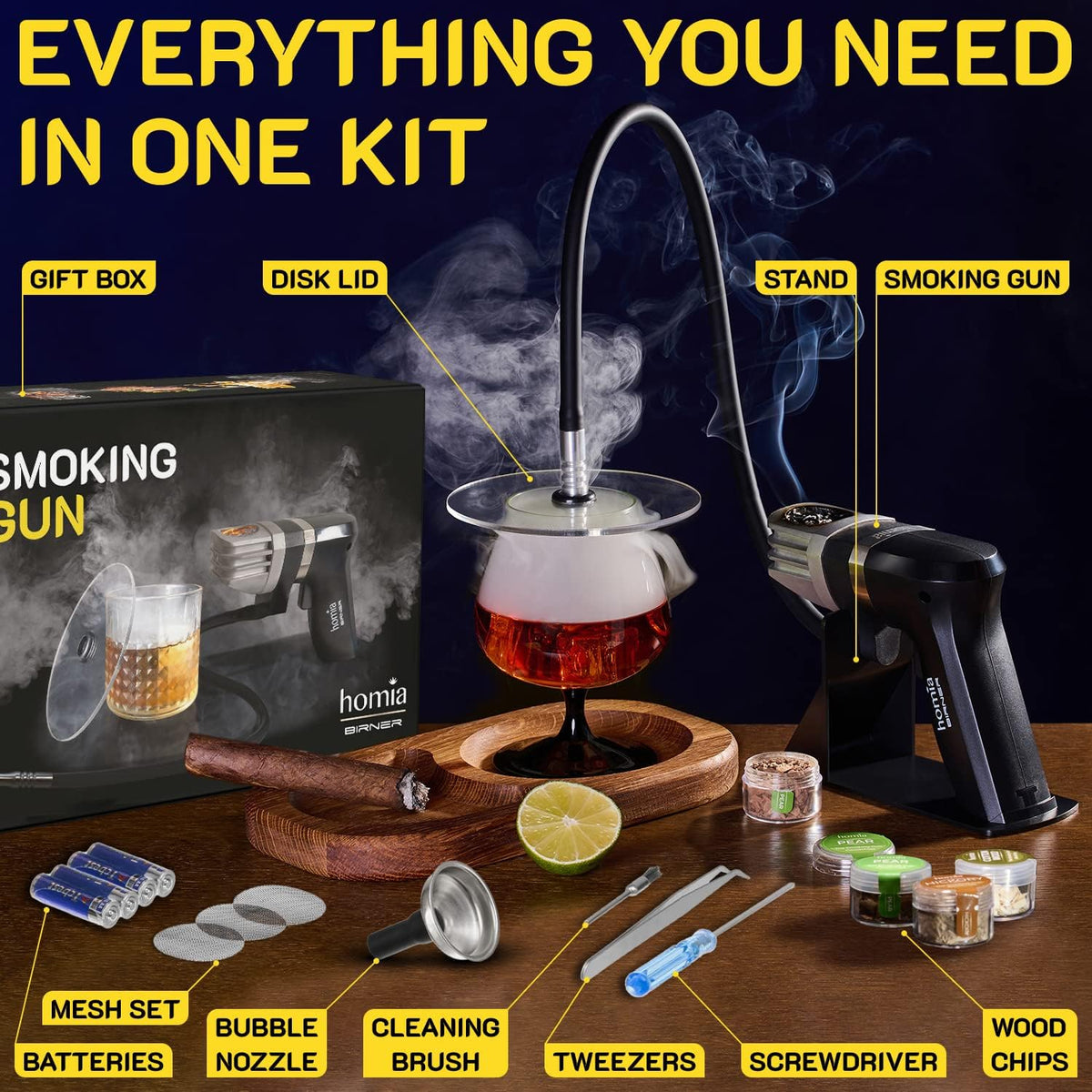 Cocktail Smoker Kit - Whiskey Smoker Kit - Smoke Infuser Birner PRO - Starter Kit, 11 PCS, with Accessories and Wood Chips - Indoor Smoker - Gift for Men