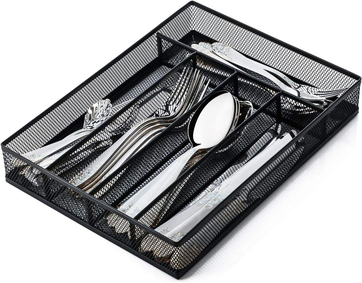 JANE EYRE Utensil Drawer Organizer, Cutlery Tray Silverware Flatware Storage Divider for Kitchen, Mesh Wire with Non-slip Foam Feet, 5 Component, Black