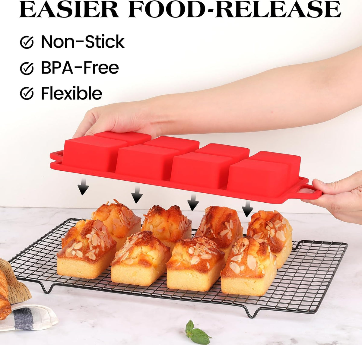 2 Pcs Mini Loaf Pans Silicone, Nonstick Small Bread Pans for Baking, Tiny Meatloaf Pan with Metal Reinforced Frame 8 Cavity (Red)