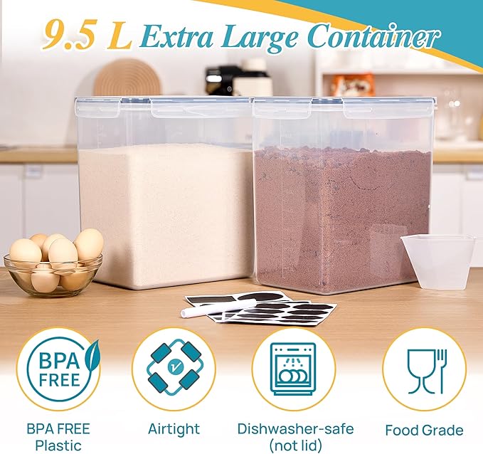 Vtopmart 9.5L 2 Pack Extra Large Flour Sugar Storage Containers for 25lbs flour, Airtight Kitchen Pantry Organization Canisters with Lids for Bulk food, Rice, Baking Supplies, BPA Free, Black