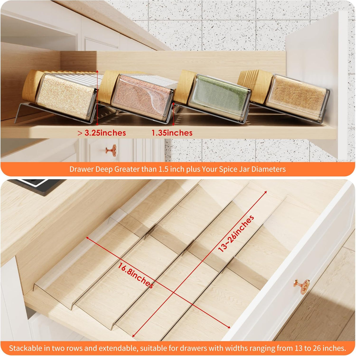 Spice Drawer Organizer, 4 Tier Clear Acrylic Expandable From 13" to 26" Seasoning Jars Drawer Insert, Kitchen Drawer Spice Rack Tray for Cabinet/Countertop