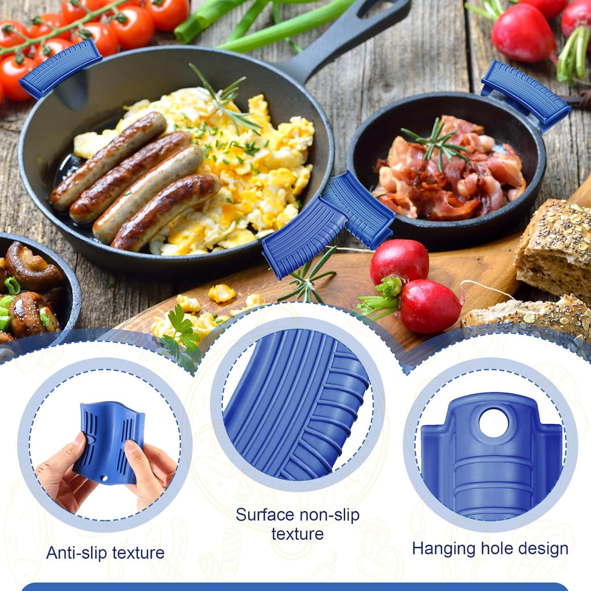 Patelai 4 Pcs Silicone Assist Hot Pan Handle Holder Pot Handle Covers for Cast Iron Skillets Holder Sleeve Nonslip Heat Resistant Pan Cover for Enameled Griddles Casserole Frying Cookware(Blue)