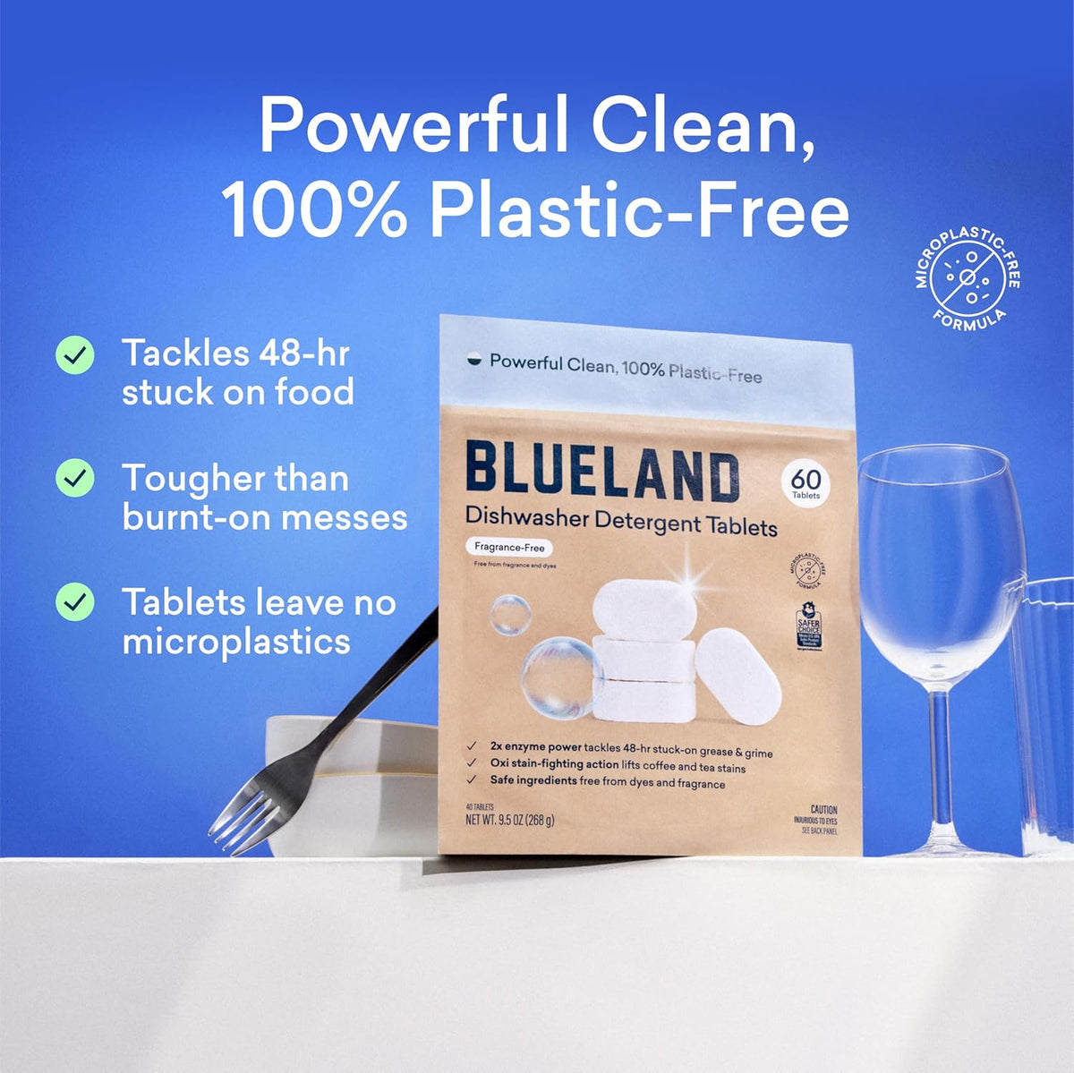 BLUELAND 100% Plastic-Free Dishwasher Detergent Tablets, 60 Count, Free & Clear, Eco-Friendly Dishwashing Pods, Natural, Sustainable
