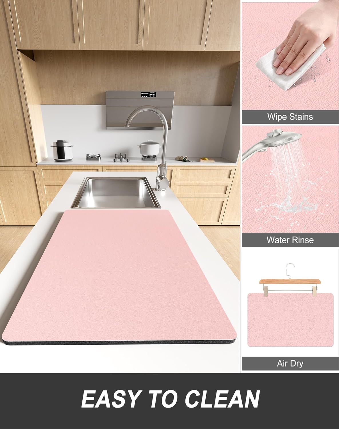 Rnivvi Dish Drying Mat for Kitchen Counter, 12 x 19" Super Absorbent Drainer Pad Easy Clean Dish Rack Pad, Non-Slip Heat Resistant Coffee Bar Mats for Coffee Machine Station Accessories Decor, Pink
