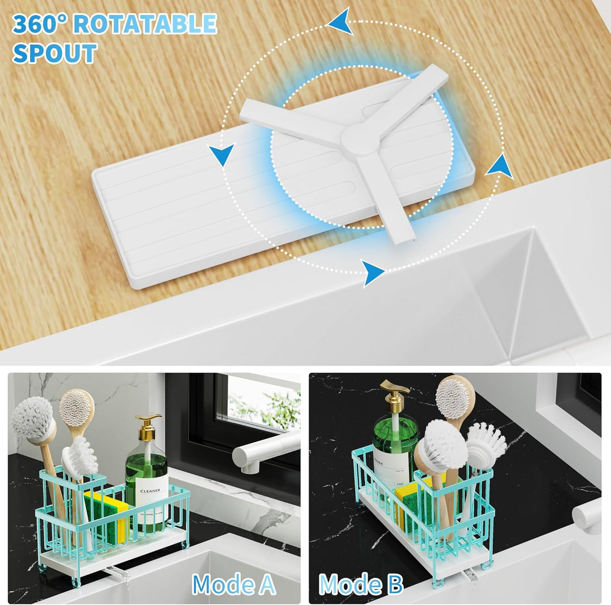 Cisily Turquoise Sponge Holder for Kitchen Sink, Sink Caddy Organizer with High Brush Holder, Kitchen Countertop Organizers and Storage Essentials, Rustproof 304 Stainless Steel, Soap Dispenser