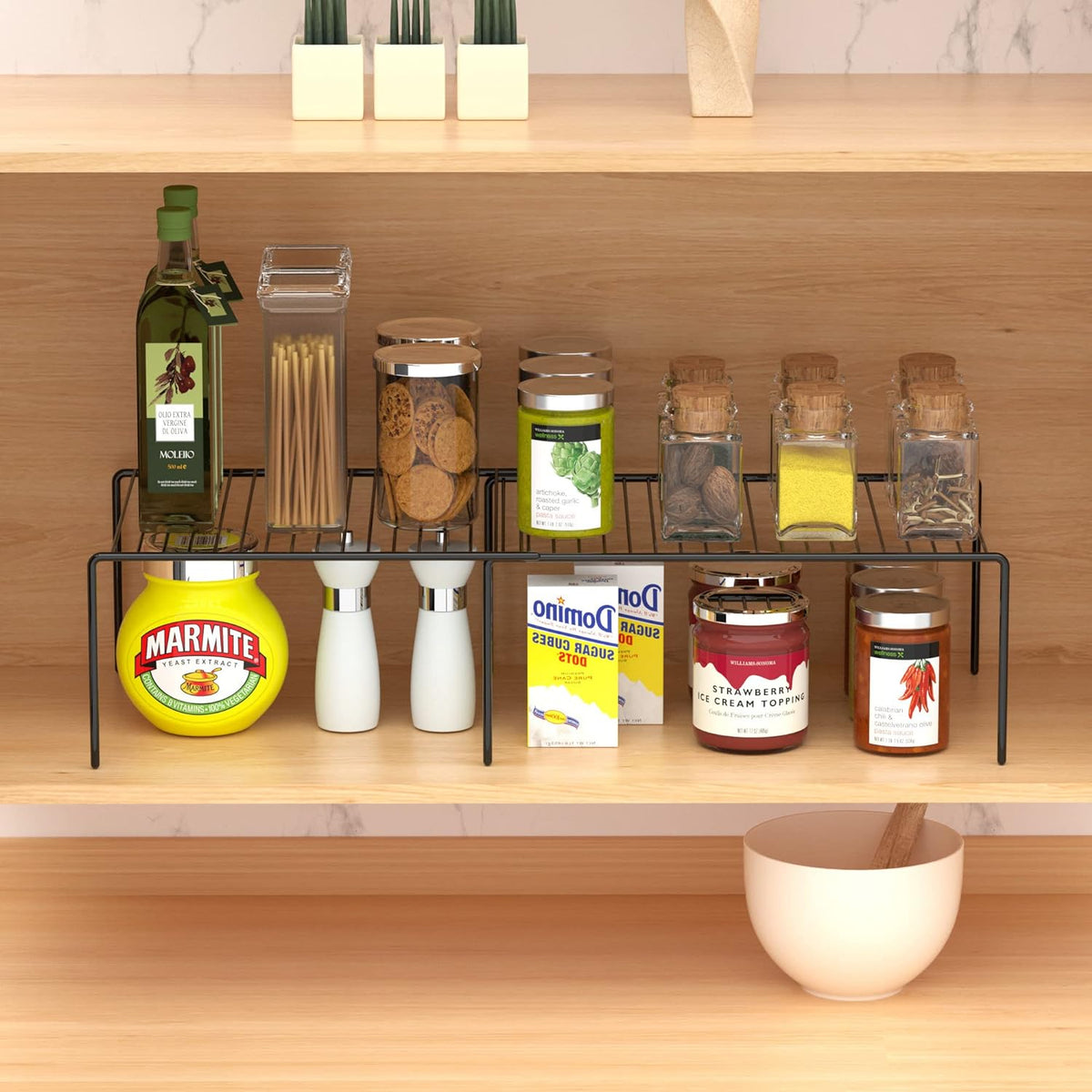 Redrubbit Expandable Metal Rustproof Kitchen Counter and Shelf Rack, 4 Piece Set of 2, Space Saver for Kitchen, Fridge, Bathroom