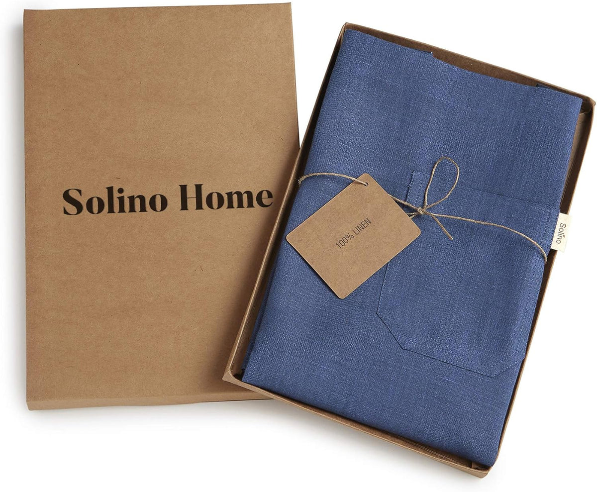 Solino Home Linen Kitchen Apron for Men & Women - 100% Pure Linen Blue/Navy Bib Apron with Front Pockets - Handcrafted from European Flax