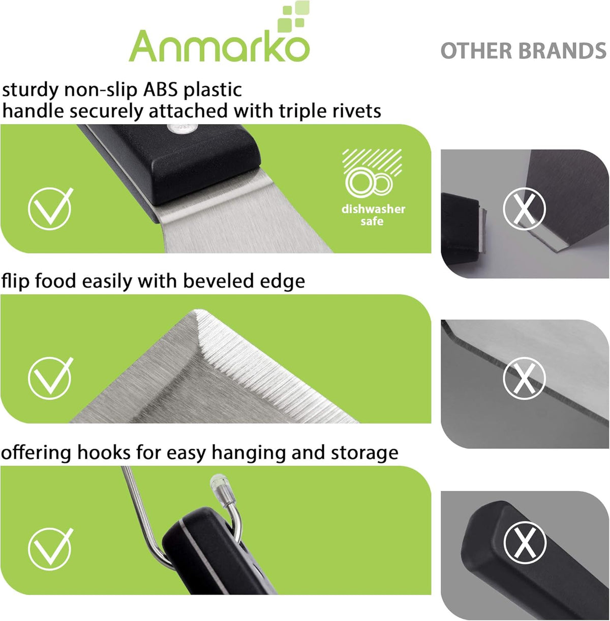 Anmarko Metal Spatula Stainless Steel Scraper - Professional Chef Griddle Spatulas Set of 3 - Heavy Duty Accessories Great for Cast Iron BBQ Flat Top Grill Skillet Pan - Commercial Grade