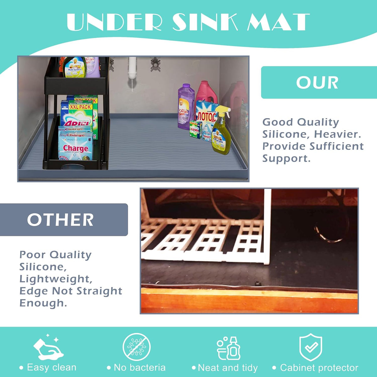 URMONA Waterproof Silicone Under Sink Mat 37'' x 22'' Shelf Liner for Kitchen and Bathroom, Cabinet and Counter Protector, Storage and Organizers, Litter Mat, Pet Cat Puppy Essentials(Black)