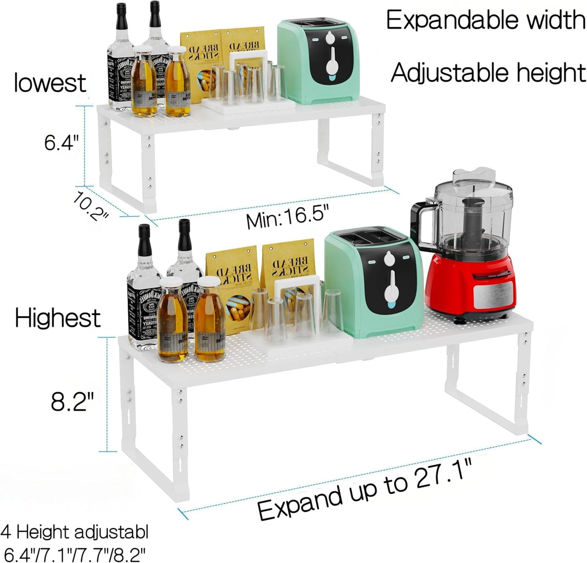Heavy-Duty Adjustable Metal Shelf Organizer - Expandable & Stackable Pantry Storage Rack for Kitchen, Bathroom, RV, Cabinets(2 Packs/White, Large)