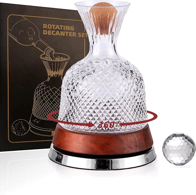 Rotating Wine Decanter Set with Solid Wood Base, Fun Crystal Glass Wine Carafe, Red Wine Decanter, Wine Accessories, Wine Gifts, Perfect for Home Bar (Silver Accents)