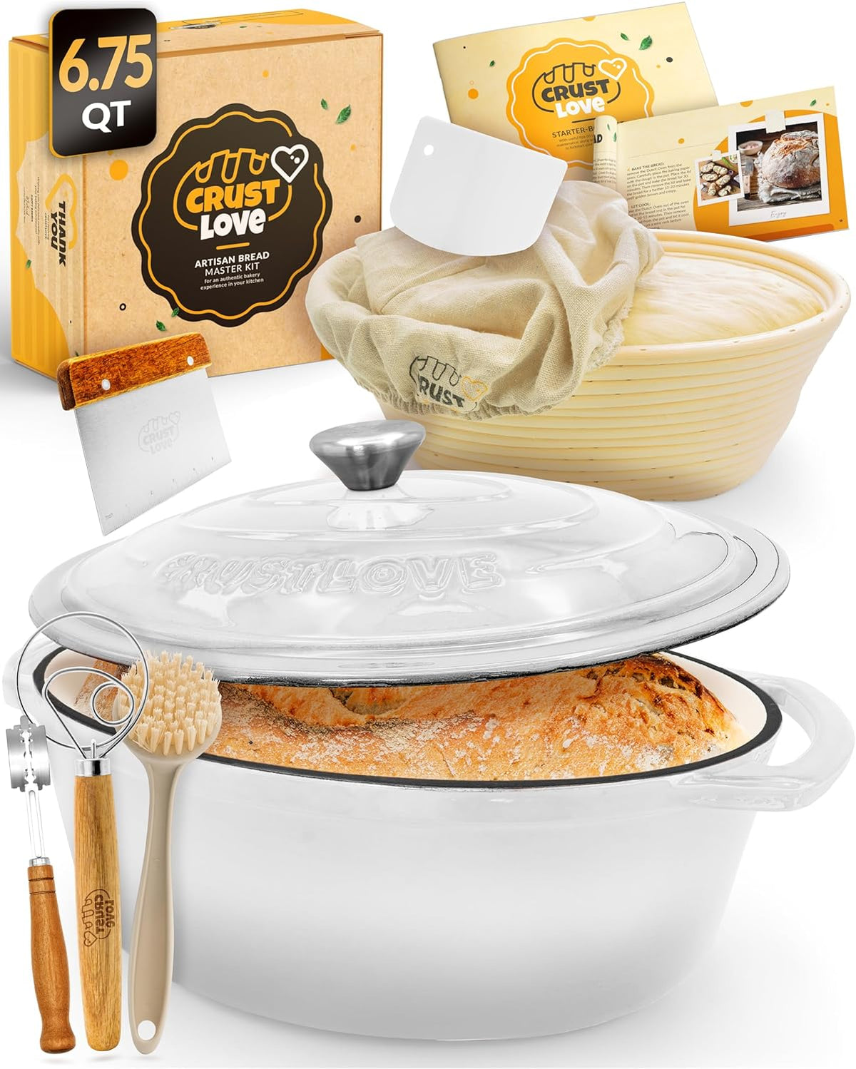 Dutch Oven for Bread Baking - incl. Sourdough Baking Supplies like Banneton Proofing Basket - 6.75QT Enameled Oval Cast Iron Bread Oven with Lid & Scoring Tool Lame