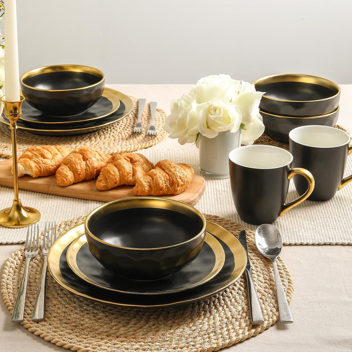 vicrays Ceramic Salad Bowls Set for Kitchen, Serving - 24 Ounce Soup Bowls, Pasta Bowls, Chip Resistant, Dishwasher Safe, NOT Microwave Safe, Fluted, Stoneware, Set of 6 (Black with Golden)