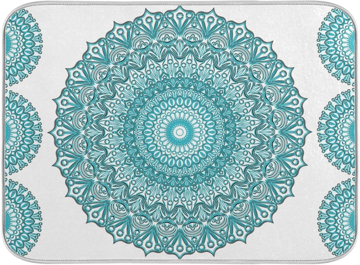 Super Absorbent Dish Drying Mat, Microfiber Fast-Drying Dish Mat, 16" x 18", Kitchen Dish Drying Pad, Boho Ethnic Turquoise Mandala