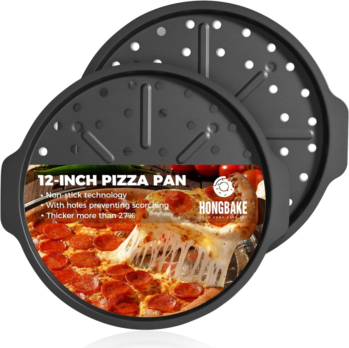 HONGBAKE 2 Pack Pizza Pan with Holes 12 Inch, Nonstick Pizza Tray for Oven with Widen Handles, Hot Air Pizza Crisper Tin, Round Baking Sheet for Frozen & Homemade Pizza, Grey