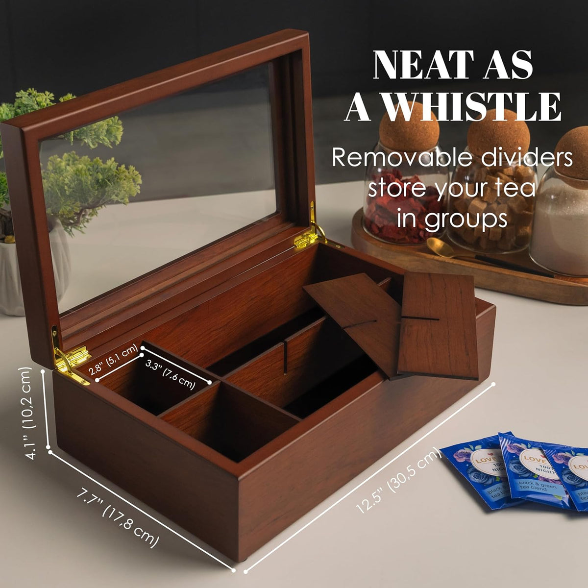 Tea Box - Luxury Wooden Tea Bag Organizer from The Apace Premier Collection - 8 Compartment Tea Storage Chest Container - Elegantly Handmade w/Scratch Resistant Window