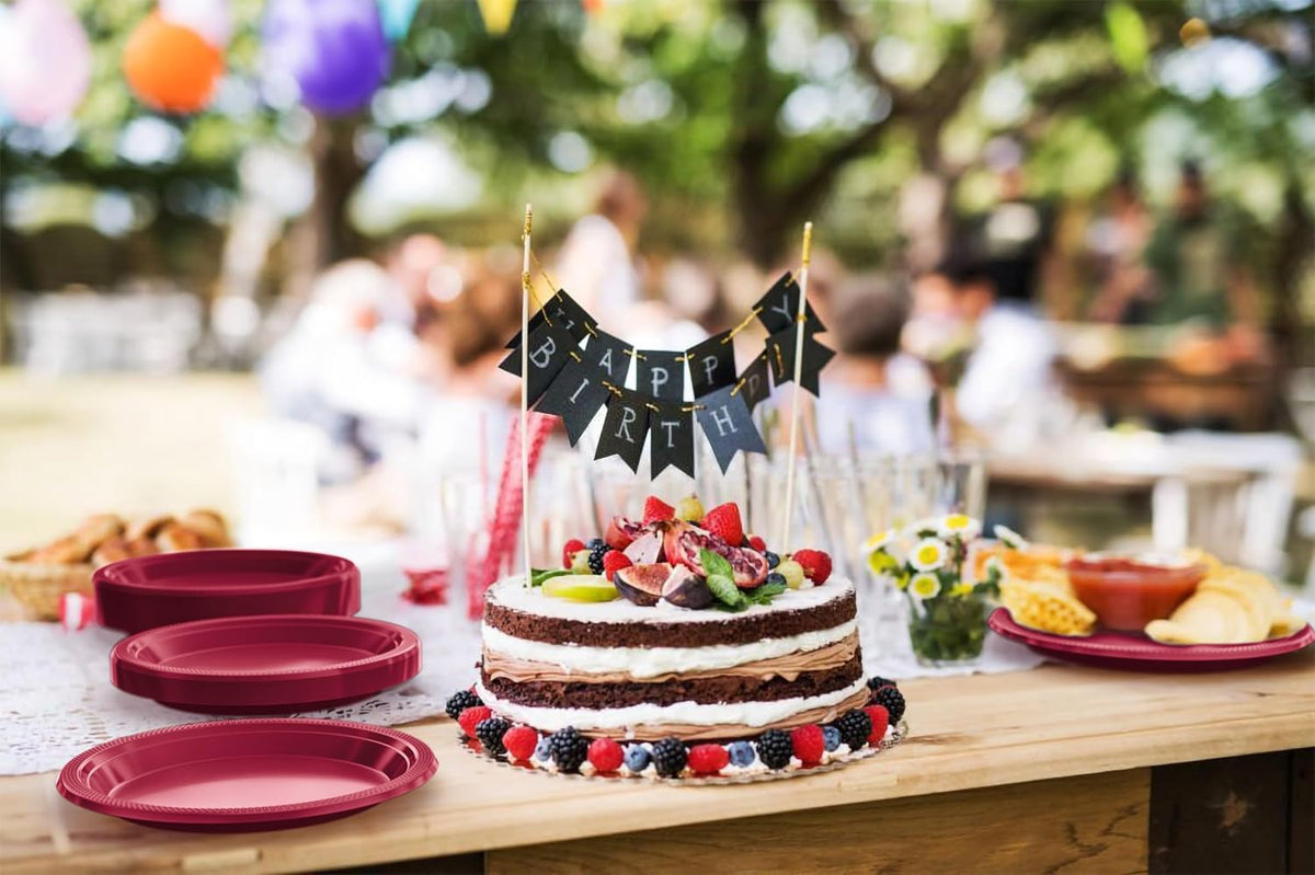 Exquisite Party Solids Burgundy Plastic Plates For Party 10" Burgundy Disposable Plates Heavy Duty Supplies 100 Pcs Plastic Dinnerware Sets Heavy Duty 350 GSM Disposable Dinnerware Set