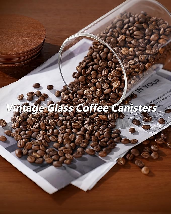 27oz Coffee Canister with Scoop and Wooden Lids, Airtight Coffee Grounds Container Set of 2 for Coffee Bar Organizer, Glass Jar for Coffee Beans Storage