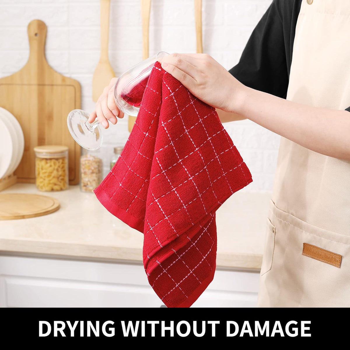 Homaxy 100% Cotton Terry Kitchen Towels(Red, 13 x 28 inches), Checkered Designed, Soft and Super Absorbent Dish Towels, 4 Pack