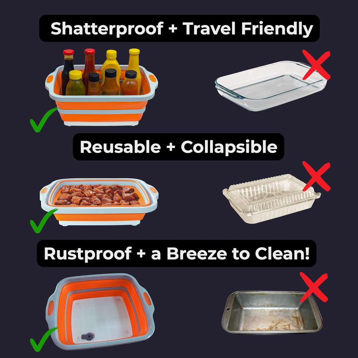 Collapsible Large (8L) BBQ Marinating Tub w/Cutting Board | Multipurpose Food-Grade TPE Prep Tub w/Lid | Built-in Colander & Drain Plug - for Camping | Tailgate | Picnic - Bold Orange
