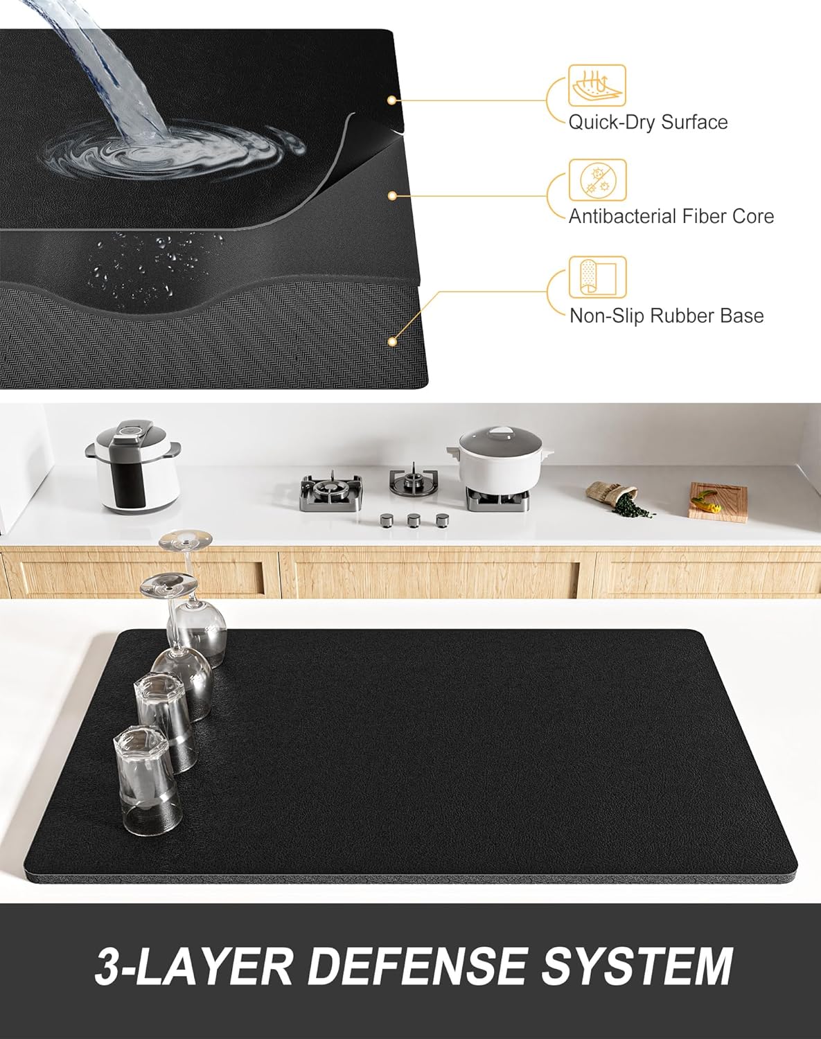 Rnivvi Dish Drying Mat for Kitchen Counter, 12 x 19" Super Absorbent Drainer Pad Easy Clean Dish Rack Pad, Non-Slip Heat Resistant Coffee Bar Mats for Coffee Machine Station Accessories Decor, Black