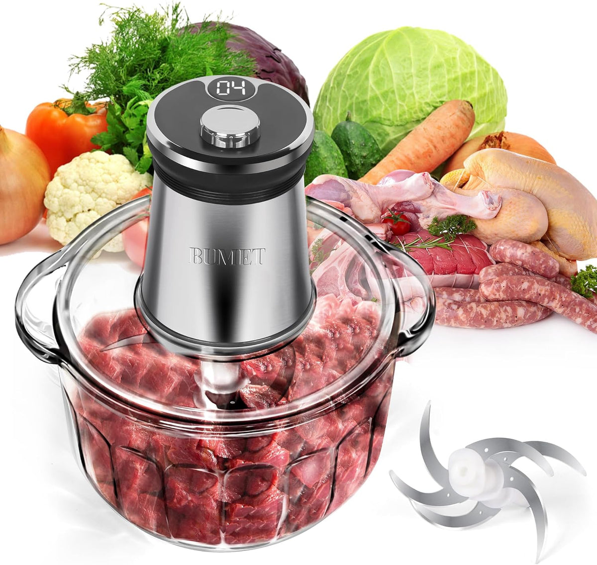Electric Meat Grinder 850W Food Chopper Food processor with LED timer one 16cup thick glass bowl, 2 sets three-layers 6 blades cutter by BUMET