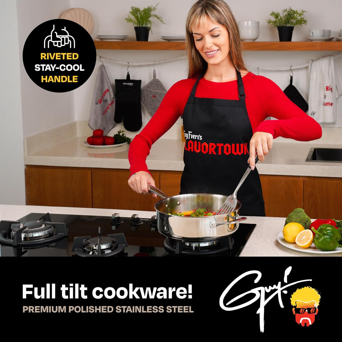 Guy Fieri's Flavortown 5 Qt. Stainless Steel Sautepan with Lid - Premium Three-Layer Cookware, Oven-Safe up to 500F