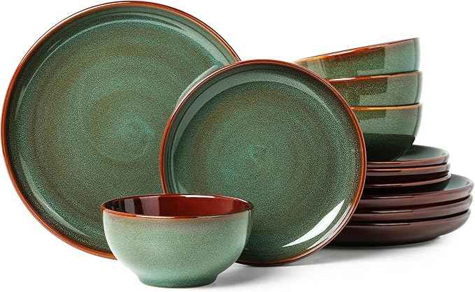 Stoneware Dinnerware Sets, Ceramic Plates and Bowls Set, Microwave & Dishwasher Safe Kitchen Dishes, Modern Dinner Salad Plates | Cereal Bowls, Dishware Sets Service for 4 Sage Green