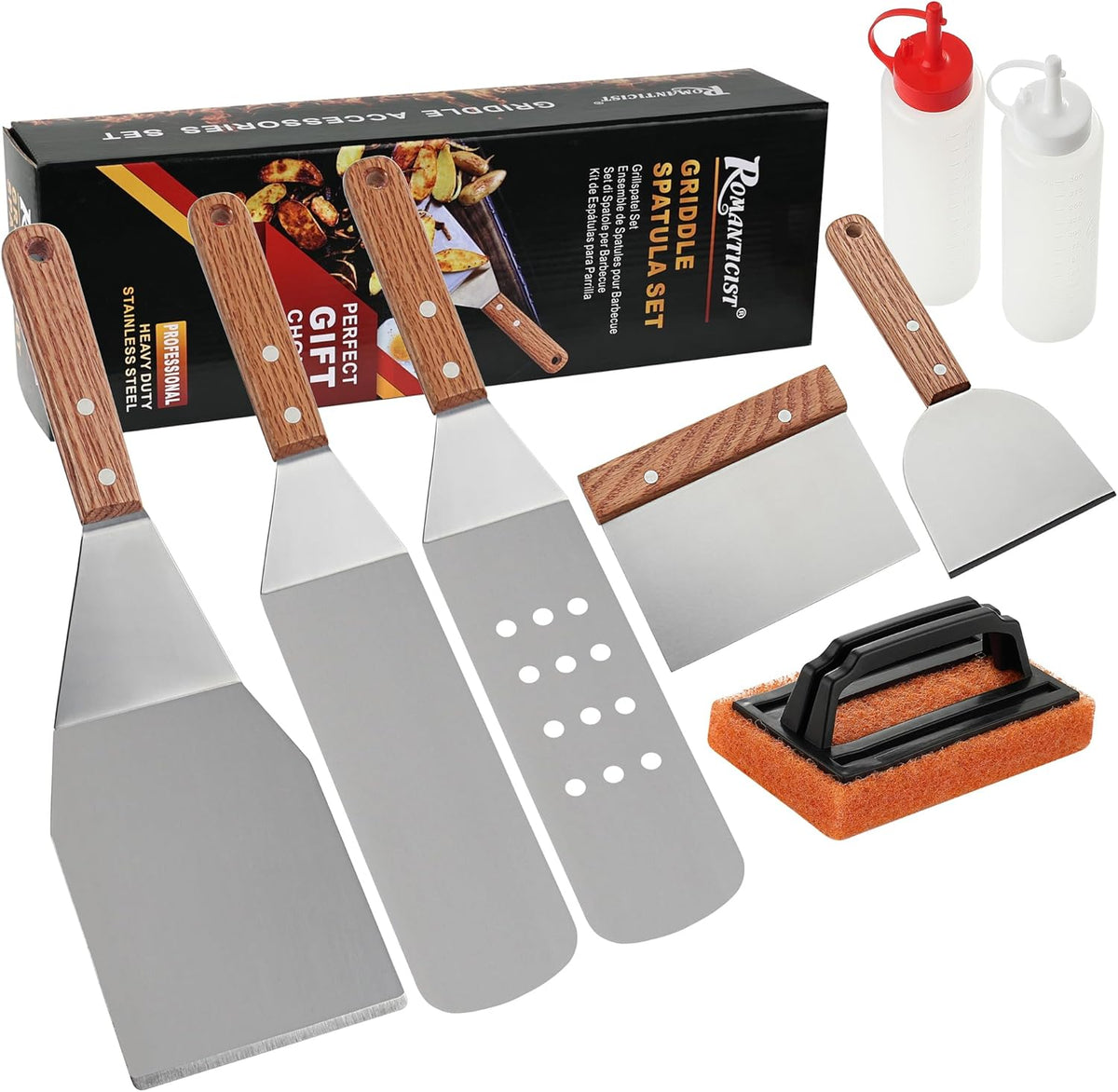 ROMANTICIST 8pcs Professional Griddle Accessories Kit - Heavy Duty Stainless Steel Grill Spatula Set for Grill Griddle Hibachi Flat Top Outdoor Cooking - Great Grill Gift on Birthday Wedding