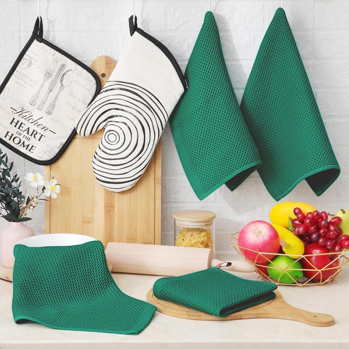 Homaxy 100% Cotton Waffle Weave Kitchen Dish Cloths, Ultra Soft Absorbent Quick Drying Dish Towels, 12 x 12 Inches, 12-Pack, Dark Green