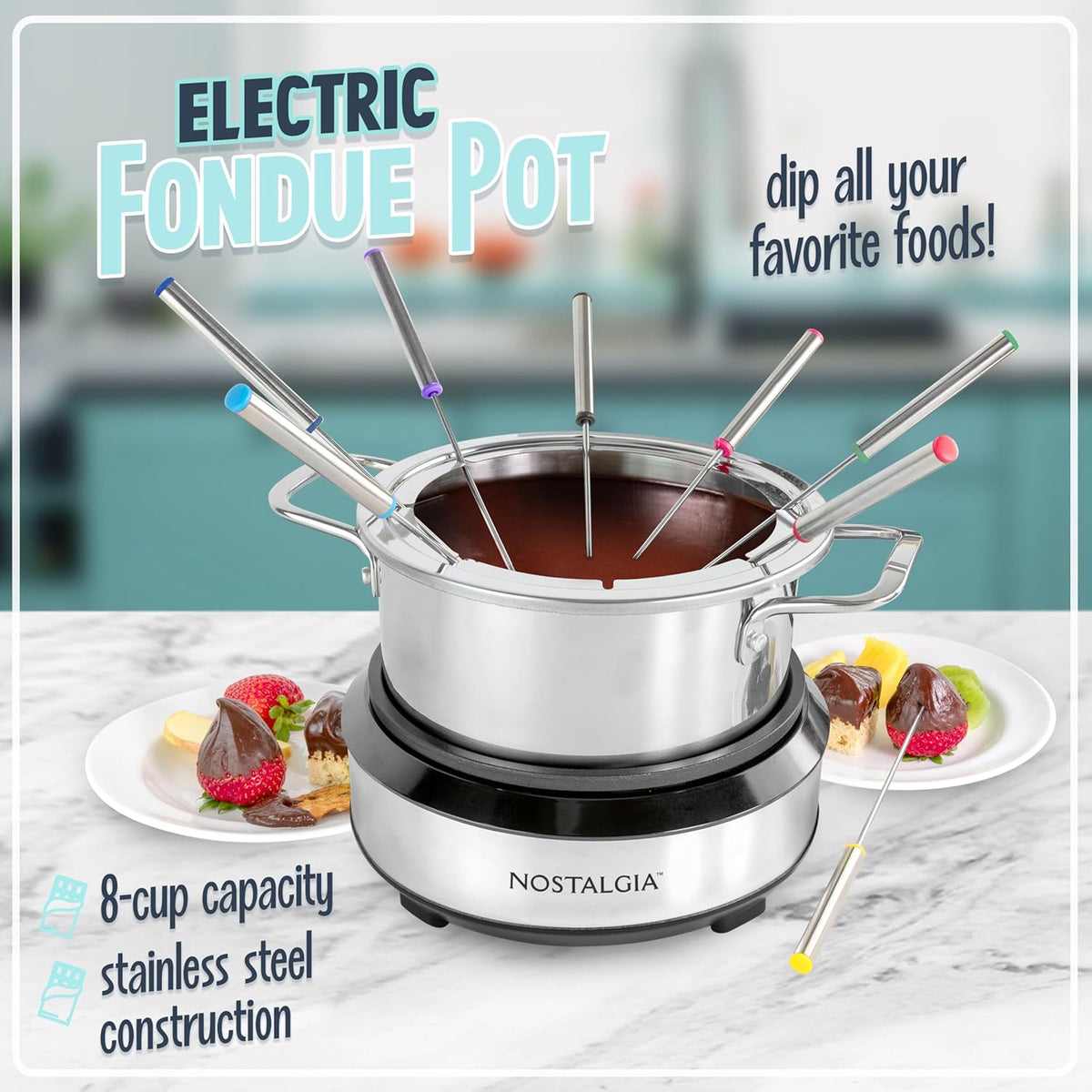 Nostalgia 8-Cup Electric Fondue Pot Set for Cheese & Chocolate - 8 Color-Coded Forks, Temperature Control - Kitchen Gadgets and Appliances for Hors d'Oeuvres and More - Stainless Steel