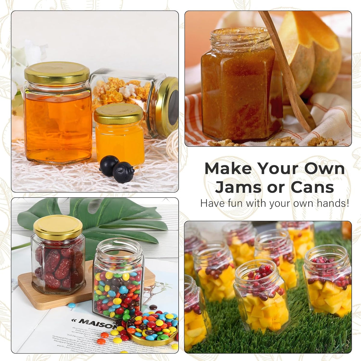 6 oz Hexagon Glass Jars with Gold Lids, 30 Pcs Canning Jars for Jam, Honey, Jelly, Candy, Candle, Wedding Favors, Baby Shower Favors, Spice Jars Crafts with Stickers and Pen for Labeling