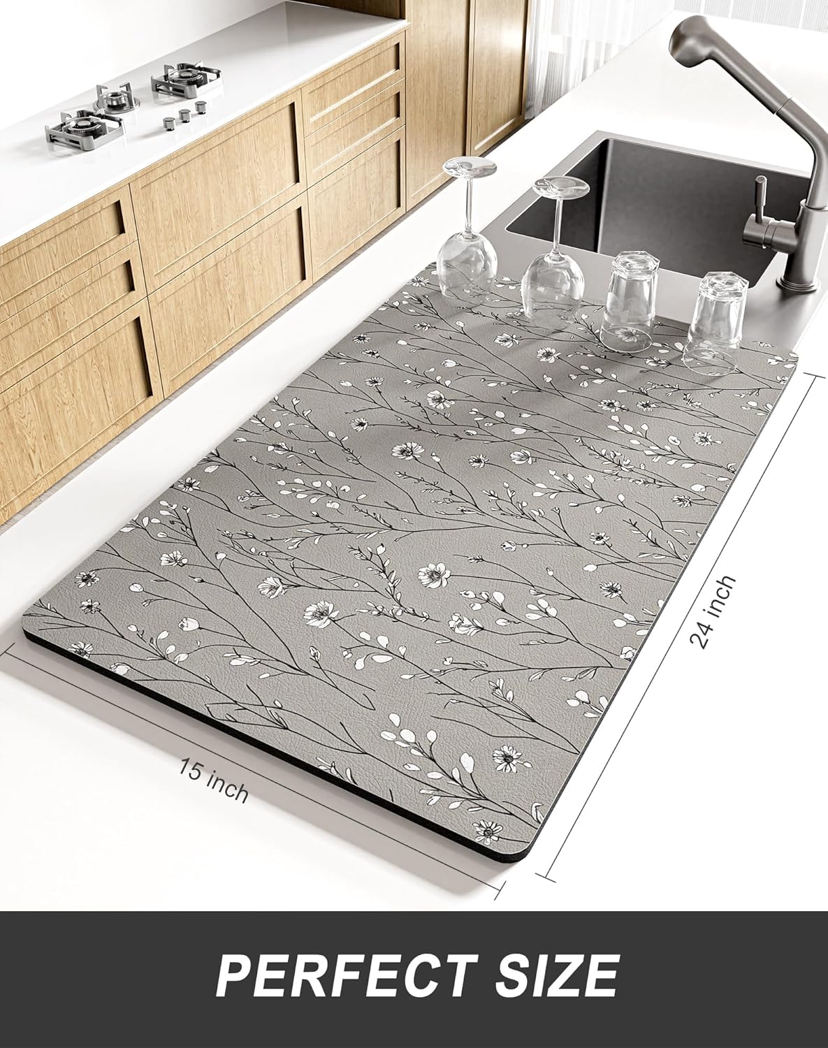 Rnivvi Dish Drying Mat for Kitchen Counter, XL 15 x 24" Cute Flower Theme Absorbent Draining Pad, Non-Slip Heat Resistant Coffee Bar Mats for Coffee Machine Station Accessories, Grey Dish Rack Pad