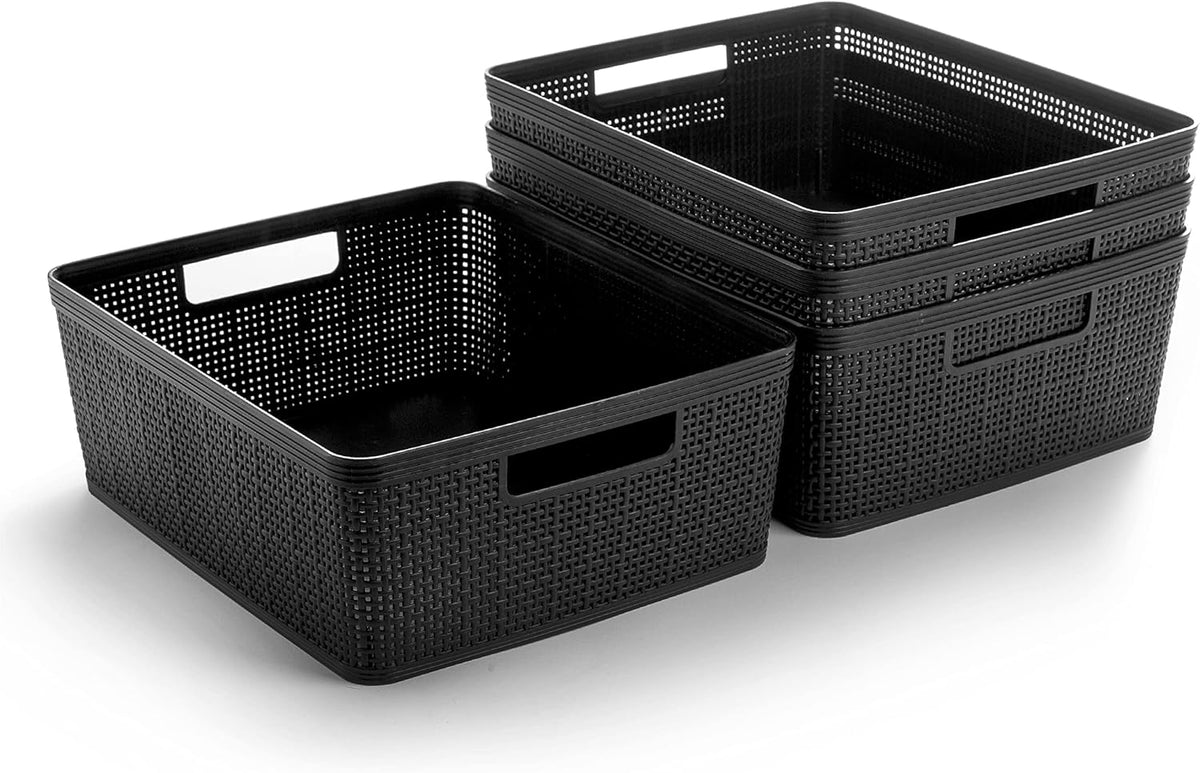 BINO | Woven Plastic Basket | Medium (Black), 4-Pack | THE JUTE COLLECTION | Home Organization, Space - Saving Storage, Stylish Design | Jute Basket | Plastic Storage Basket